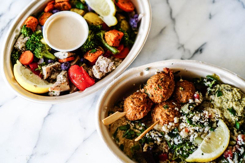 Veggie falafel power bowl with hummus
